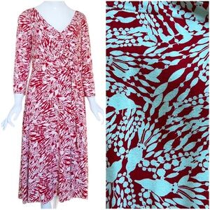 David Meister Red White 3/4 Sleeves V-Neck Knee-Length Dress Women's size 10
